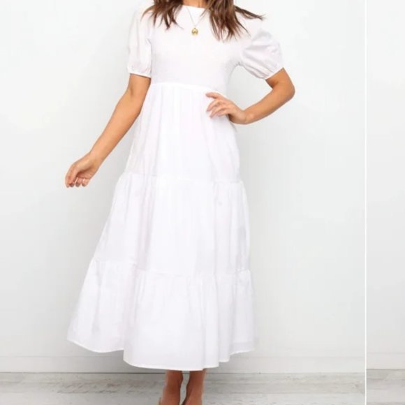 Petal & Pup Dresses & Skirts - Petal & Pup White Minot Smocked Short Sleeve Tiered Cotton Midi Dress